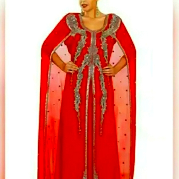 DUBAI VERY FANCY KAFTANS Abaya Jalabiya Ladies Maxi Wedding gown RED w/Belt - Picture 2 of 7
